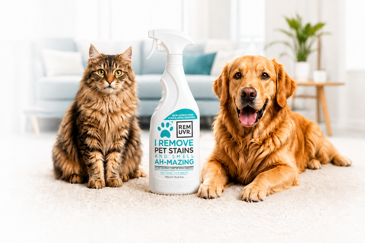 REMUVR 750 ml, gerçek kedi ve golden retriever ile sıcak ev ortamı